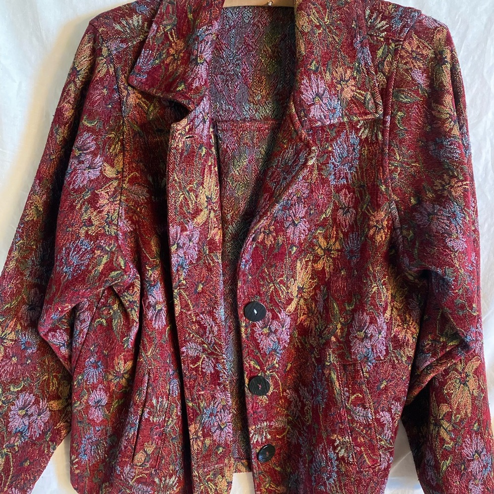 Vintage Burgundy Floral Brocade Blazer Jacket - Large